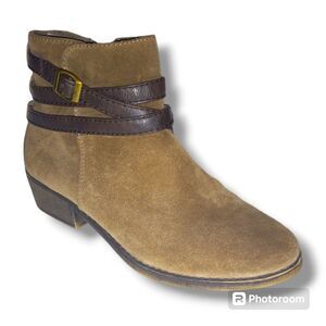 White Mountain Jitter Suede Ankle Booties-Size 6M-Taupe-Side Zip-Strappy Detail
